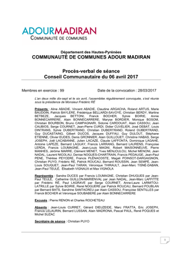 COMMUNAUTÉ DE COMMUNES ADOUR MADIRAN Procès-Verbal