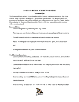 Southern Illinois Miners Promotions Internships