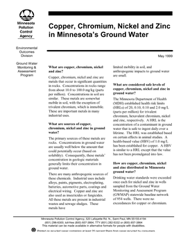 Copper, Chromium, Nickel and Zinc in Minnesota's Ground Water