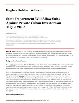 State Department Will Allow Suits Against Private Cuban Investors on May 2, 2019