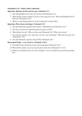 Nehemiah 4:1-12 – Study Leader's Questions Opposition: Ridicule