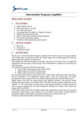 Intermediate Frequency Amplifier SPECIFICATION 1 FEATURES