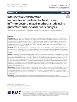 Intersectoral Collaboration for People-Centred Mental Health Care in Timor-Leste, a South-East Asian Country in the Process of Strengthening Its Mental Health System