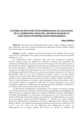 Centres De Pouvoir Gètes Préromains Au Sud-Ouest De La Dobroudja