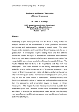 Al-Shaqsi Readership and Readers' Perception of Omani Newspapers