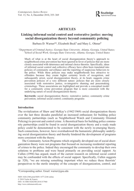 ARTICLES Linking Informal Social Control and Restorative Justice: Moving Social Disorganization Theory Beyond Community Policing Barbara D