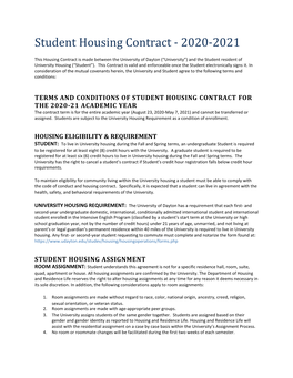 Student Housing Contract - 2020-2021