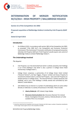 Determination of Merger Notification M/15/014 – Irish Property / Ballsbridge Holdco