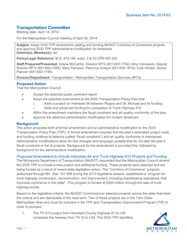 Transportation Committee Meeting Date: April 14, 2014 for the Metropolitan Council Meeting of April 30, 2014