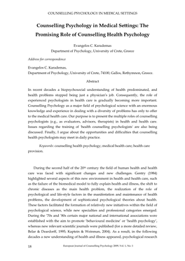 Counselling Psychology in Medical Settings: the Promising Role of Counselling Health Psychology