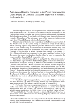 Latinitas and Identity Formation in the Polish Crown and the Grand Duchy of Lithuania (Sixteenth-Eighteenth Centuries)