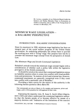 Minimum Wage Legislation- a Halakhic Perspective