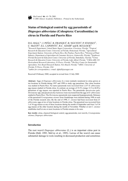 Status of Biological Control by Egg Parasitoids of Diaprepes Abbreviatus (Coleoptera: Curculionidae) in Citrus in Florida and Puerto Rico