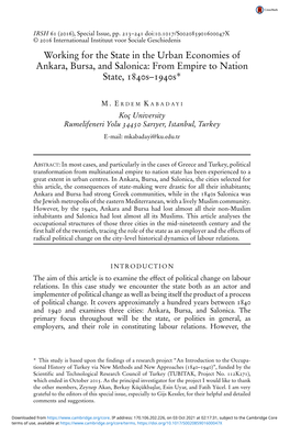 Working for the State in the Urban Economies of Ankara, Bursa, and Salonica: from Empire to Nation State, 1840S–1940S*