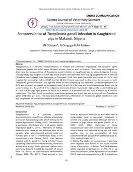 Seroprevalence of Toxoplasma Gondii Infection in Slaughtered Pigs in Makurdi, Nigeria