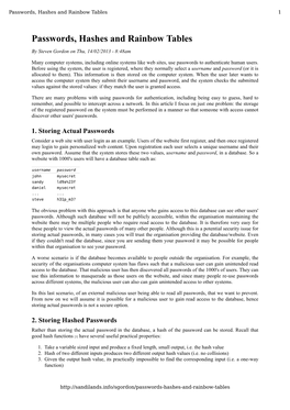 Passwords, Hashes and Rainbow Tables 1