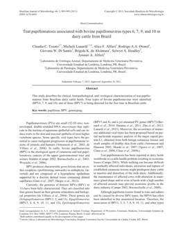 Teat Papillomatosis Associated with Bovine Papillomavirus Types 6, 7, 9, and 10 in Dairy Cattle from Brazil