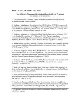 ANNEX to RECOMMENDATION VII-9 List of Historic Monuments