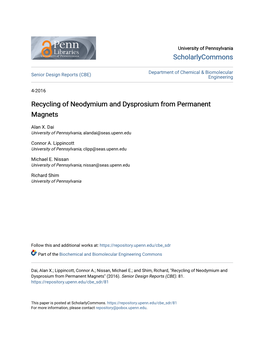 Recycling of Neodymium and Dysprosium from Permanent Magnets