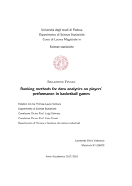 Ranking Methods for Data Analytics on Players' Performance in Basketball Games