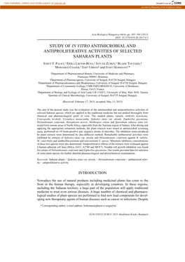 Study of in Vitro Antimicrobial and Antiproliferative Activities of Selected Saharan Plants