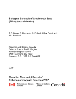 Biological Synopsis of Smallmouth Bass (Micropterus Dolomieu)