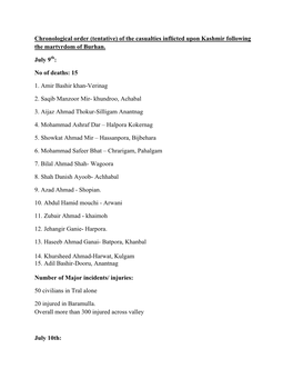 Chronological Order (Tentative) of the Casualties Inflicted Upon Kashmir Following the Martyrdom of Burhan