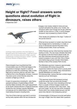 Fossil Answers Some Questions About Evolution of Flight in Dinosaurs, Raises Others 6 September 2007