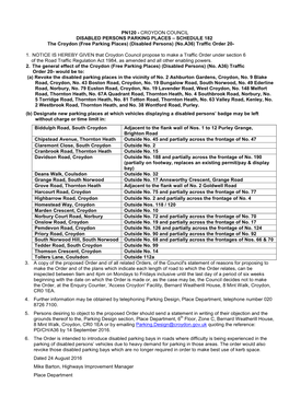 PN120 - CROYDON COUNCIL DISABLED PERSONS PARKING PLACES – SCHEDULE 182 the Croydon (Free Parking Places) (Disabled Persons) (No.A36) Traffic Order 20