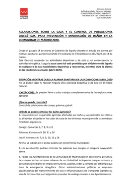 Aclaraciones Sobre La Caza Y El Control De Poblaciones Cinegéticas, Para Prevención Y Minoración De Daños En La Comunidad De Madrid 2020