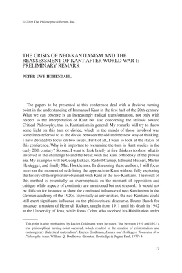 THE CRISIS of NEO-KANTIANISM and the REASSESSMENT of KANT AFTER WORLD WAR I: PRELIMINARY Remarkphil 346 17..40