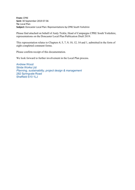 Please Find Attached on Behalf of Andy Tickle, Head of Campaigns CPRE South Yorkshire, Representations on the Doncaster Local Plan Publication Draft 2019