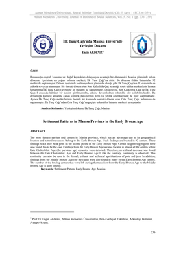 İlk Tunç Çağı'nda Manisa Yöresi'nde Yerleşim Dokusu Settlement