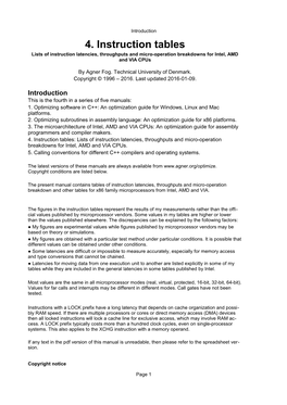 4. Instruction Tables Lists of Instruction Latencies, Throughputs and Micro-Operation Breakdowns for Intel, AMD and VIA Cpus