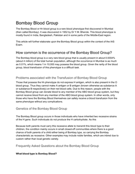 Bombay Blood Group the Bombay Blood Or Hh Blood Group Is a Rare Blood Phenotype First Discovered in Mumbai (Then Called Bombay)