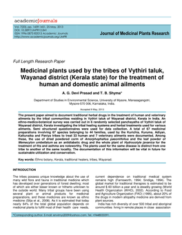 Medicinal Plants Used by the Tribes of Vythiri Taluk, Wayanad District (Kerala State) for the Treatment of Human and Domestic Animal Ailments