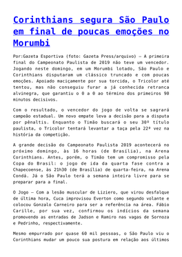Corinthians Segura São Paulo Em Final De Poucas Emoções No Morumbi