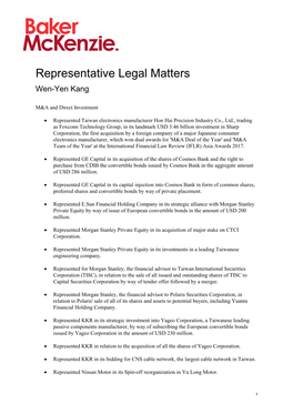 Representative Legal Matters Wen-Yen Kang