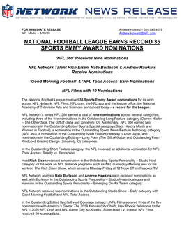 National Football League Earns Record 35 Sports Emmy Award Nominations