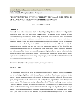 The Environmental Effects of Effluent Disposal at Gold Mines in Zimbabwe: a Case Study of Tiger Reef Mine in Kwekwe