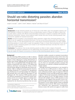 Should Sex-Ratio Distorting Parasites Abandon Horizontal Transmission? Joseph E Ironside1*, Judith E Smith2, Melanie J Hatcher3 and Alison M Dunn4