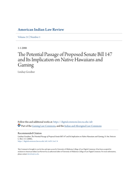 The Potential Passage of Proposed Senate Bill 147 and Its Implication on Native Hawaiians and Gaming, 31 Am