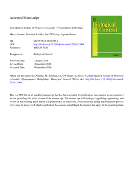 Reproductive Biology of Holepyris Sylvanidis (Hymenoptera: Bethylidae)