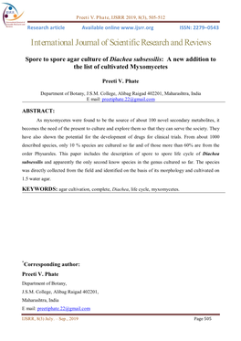 Spore to Spore Agar Culture of Diachea Subsessilis: a New Addition to the List of Cultivated Myxomycetes