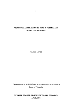 Phonology and Learning to Read in Normal and Hemiplegic Children