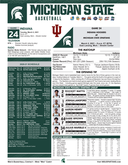 MICHIGAN STATE SPARTANS TELEVISION BTN – Brandon Gaudin (Play-By-Play) March 2, 2021 – 8 P.M