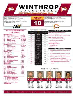 2017-18 Eagle Basketball Game Notes Twitter: @Wueagles/@Winthrop MBB Hashtags: #W1NTHROP #Rockthehill #Winthropmbb Website