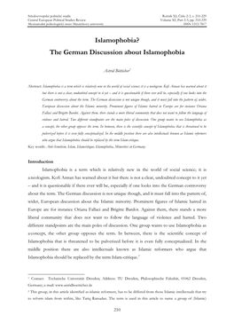 Islamophobia? the German Discussion About Islamophobia