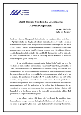 Sheikh Hasina's Visit to India: Consolidating Maritime Cooperation