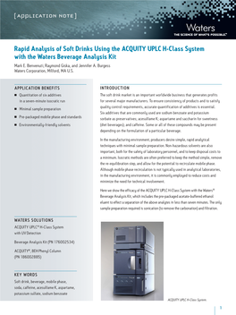 Rapid Analysis of Soft Drinks Using the ACQUITY UPLC H-Class System with the Waters Beverage Analysis Kit Mark E